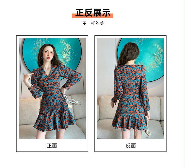 法式碎花V领长袖连衣裙女秋装纯欲风修身性感包臀裙打底辣妹短裙详情3