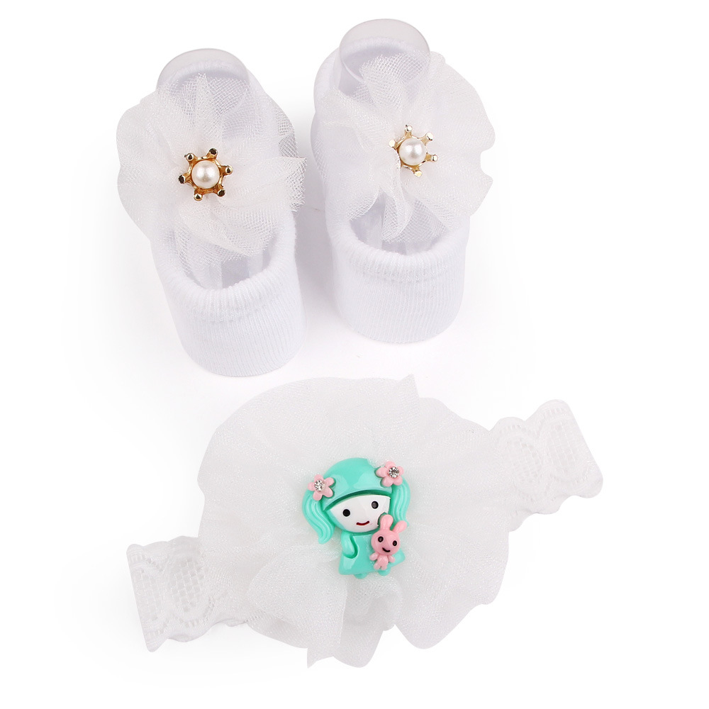 New solid color lace European and American baby socks Bow princess cute baby socks hair band set 2619 pic 11