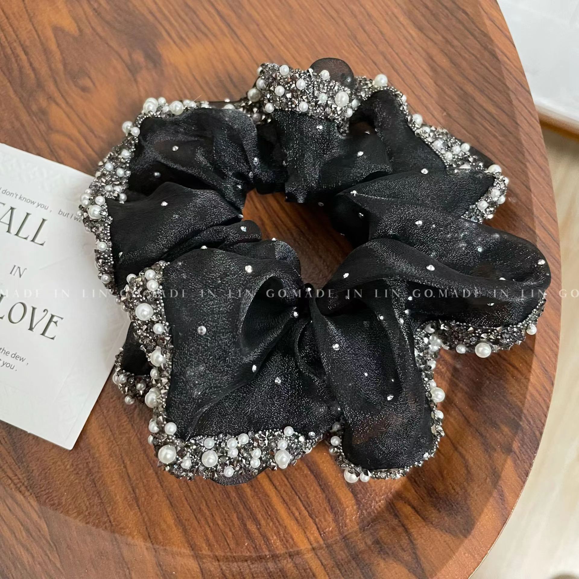 Light luxury and high-end style, Organza water diamond large intestine circle, internet-famous style, ponytail hair tie, high-elastic leather band hair tie, hair accessory pic 1
