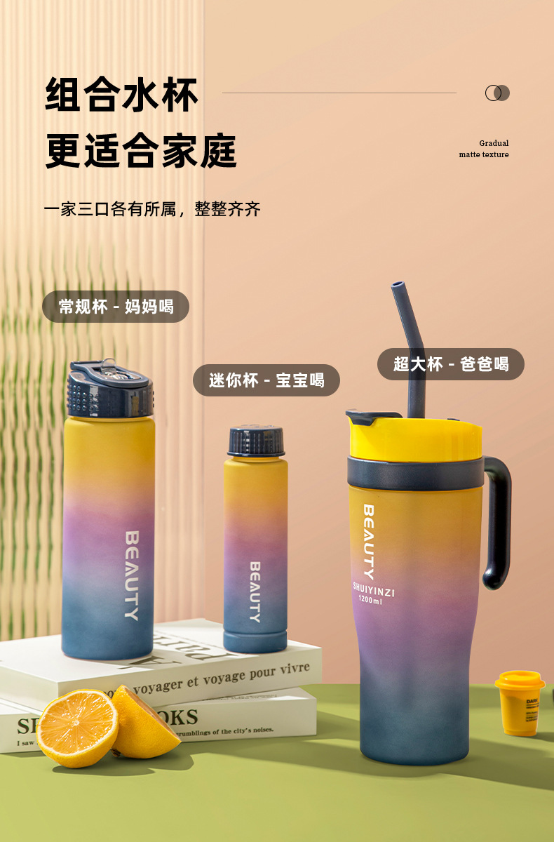 厂家大容量渐变色汽车杯磨砂透明塑料水杯三件套便携吸管杯直饮杯详情3