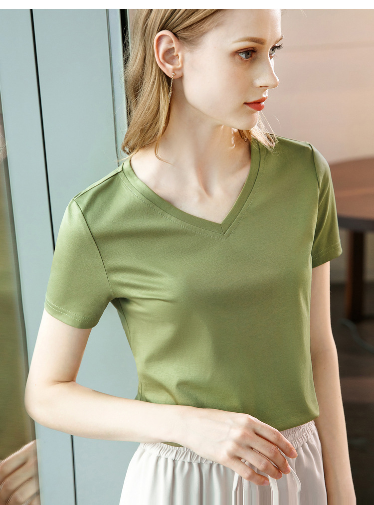 冰感丝光棉短袖t恤女2024新款女装气质v领纯棉体恤纯色高级感上衣详情39