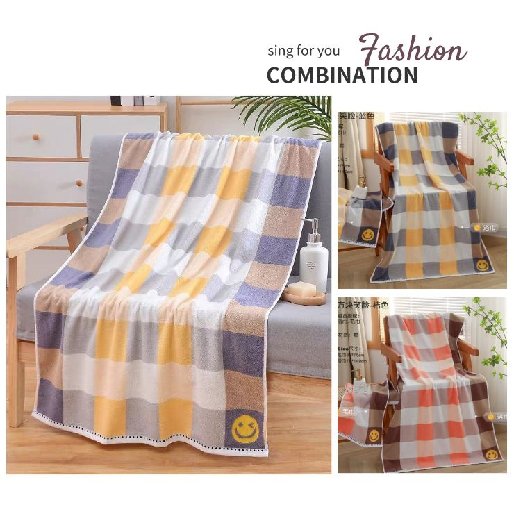 Tinglong toalla de baño de algodón al por mayor smiley face tartan toalla de baño para el hogar aumentar y engrosar suave 100% algodón para adultos niños pic 6