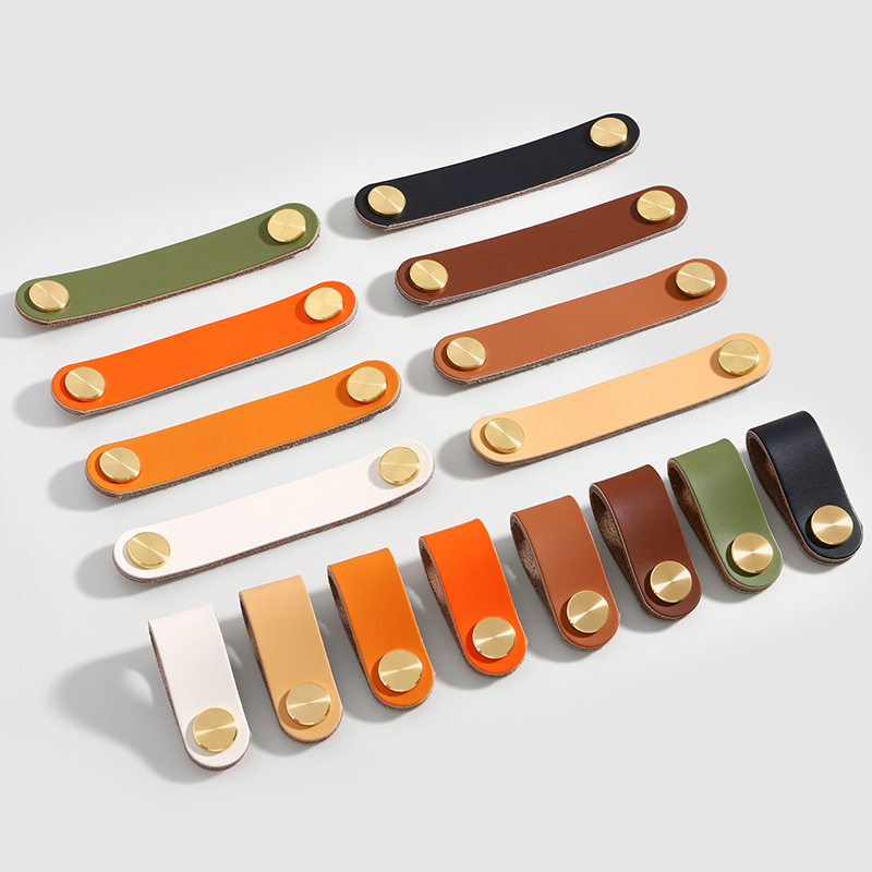 Direct sales from the manufacturer of cross-border colored brass leather handles for kitchen and wardrobe door leather handles, buttons, and leather material storage box handles pic 2