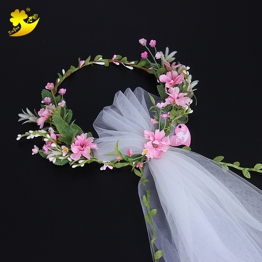 New bride veils from Japan and South Korea, seaside vacation photography, light pink veils, handcrafted simple double-layer forest-themed hair accessories wholesale pic 7
