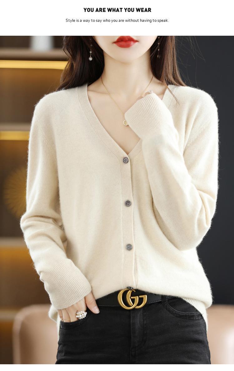 New Spring and autumn knitted cardigan for women, V-neck loose short solid color long-sleeved versatile sweater coat made of wool blend pic 35