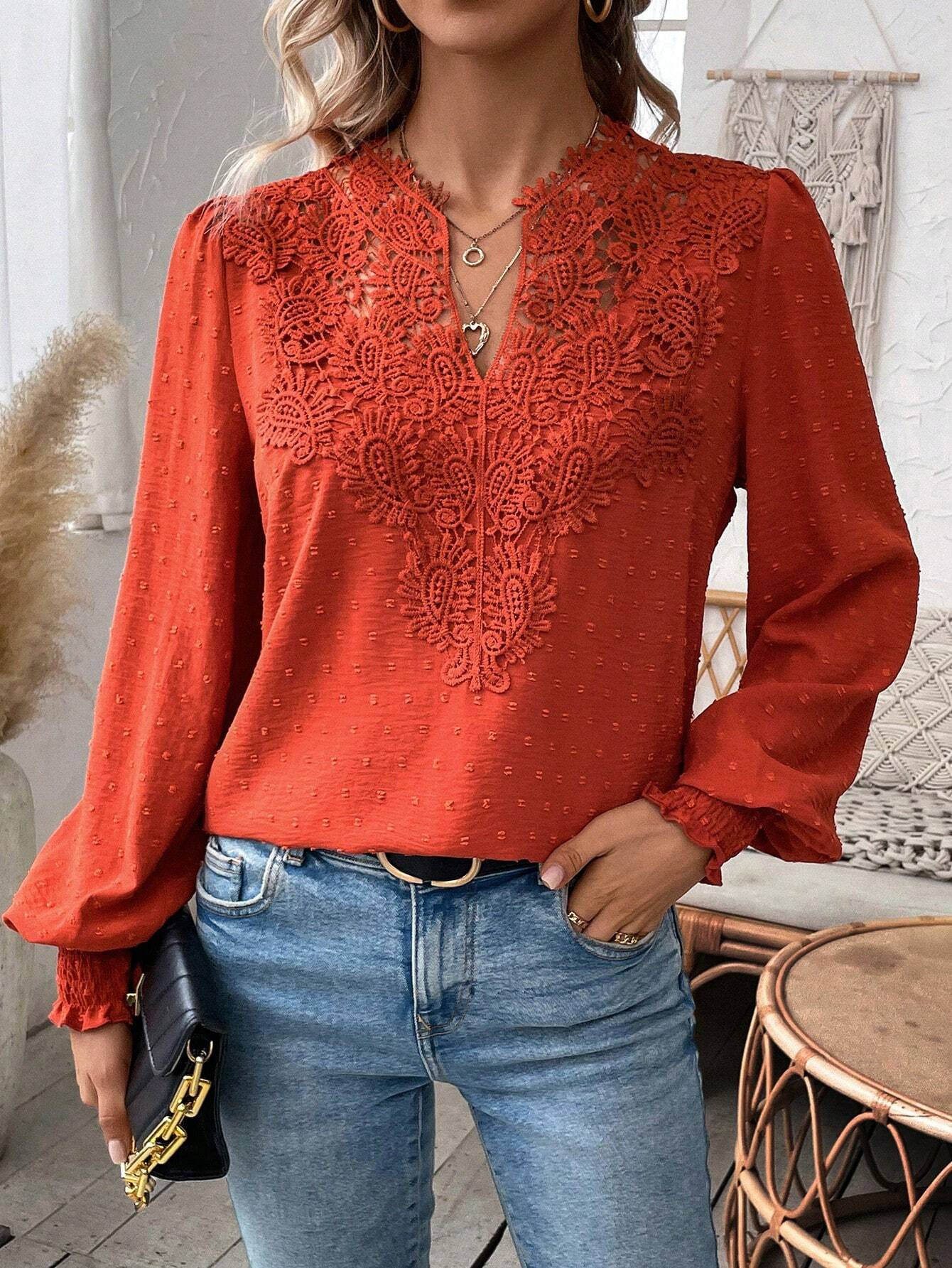 The new autumn and winter fashion V-neck lace solid color long-sleeved casual T-shirt for women on Amazon Cross-border in Europe and America in 2024 pic 13
