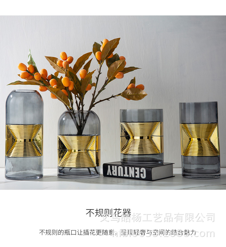 Minimalist, light luxury, high-end living room dried flower arrangement, irregular-shaped gold-plated glass vase combination, home decoration, ins style pic 3