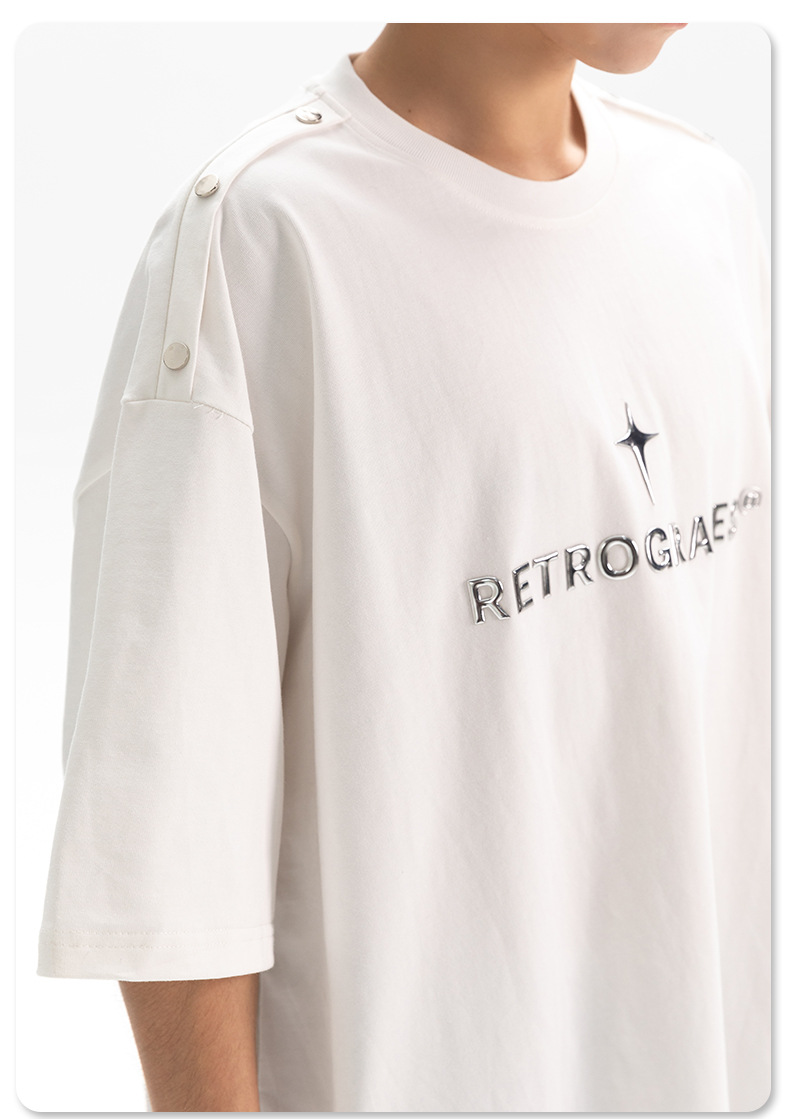 Shoulder four-button design T-shirt for men, loose American streetwear brand, metallic texture printed high street short-sleeved T-shirt, summer q pic 14