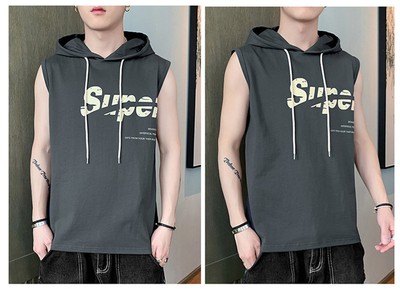 【一件代发】2023夏季新款男士连帽无袖背心韩版纯棉经典百搭坎肩详情14