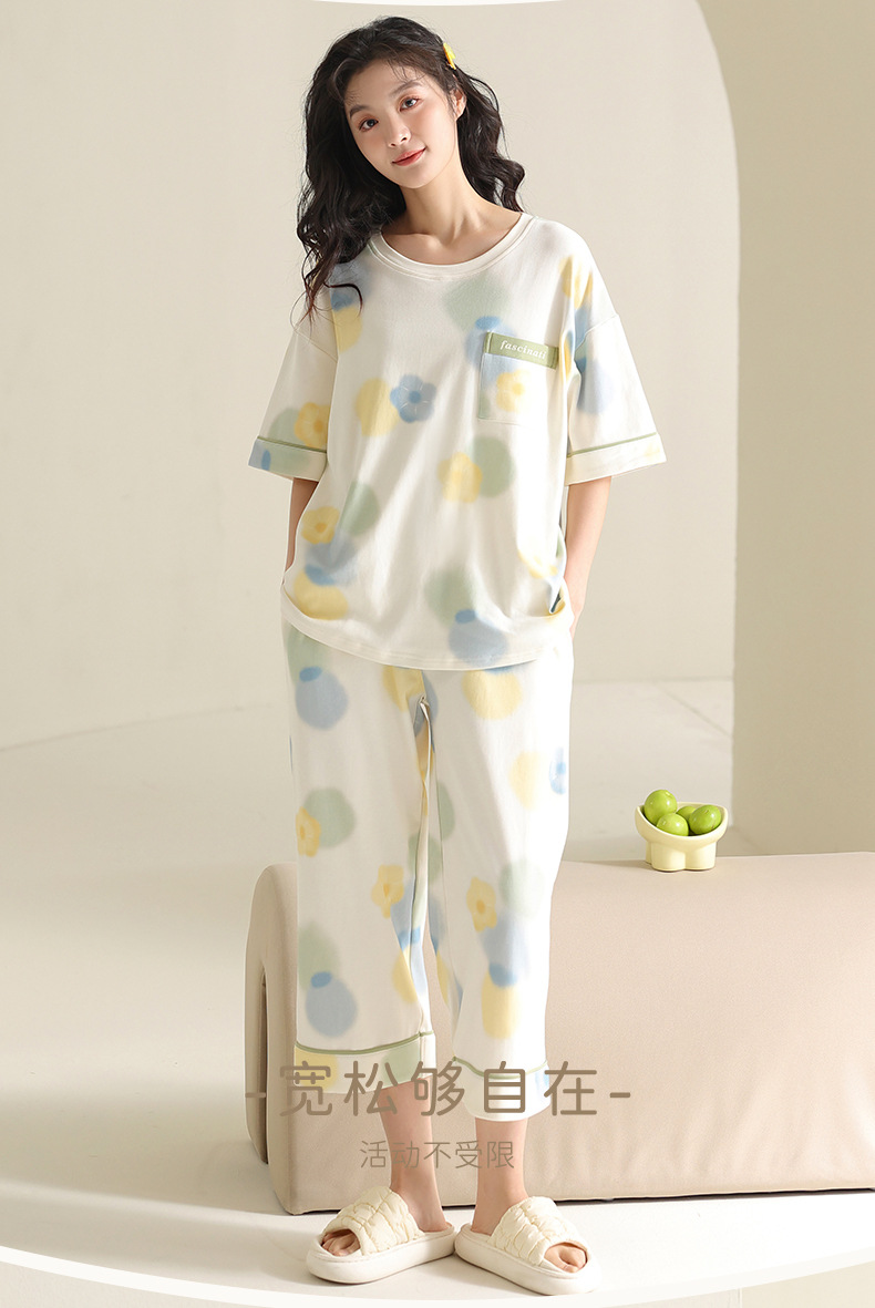沛妍纯棉睡衣女夏季短袖七分裤中年妈妈宽松加大码全棉家居服套装详情15
