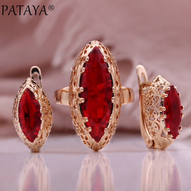 PATAYA585 Rose gold True gold color electroplated Amazon red horse eye Zircon fashion Ring and Earring set pic 2