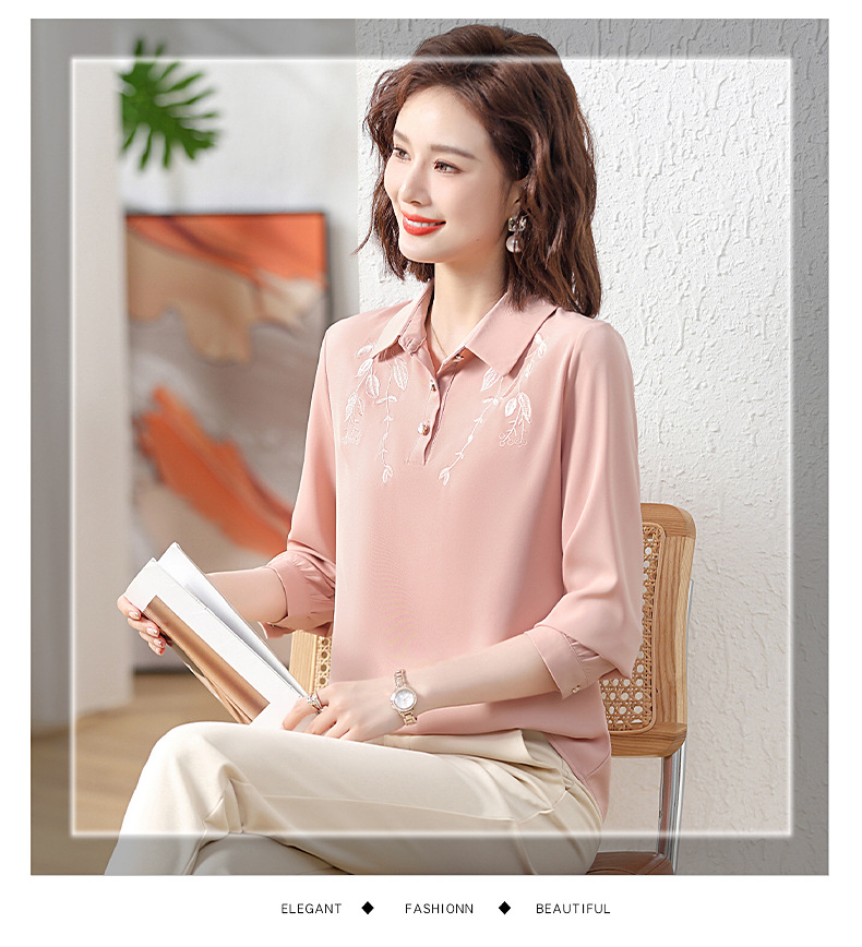 中年女士打底小衫秋季款t恤长袖翻领刺绣纯色气质大码妈妈装衬衫详情15