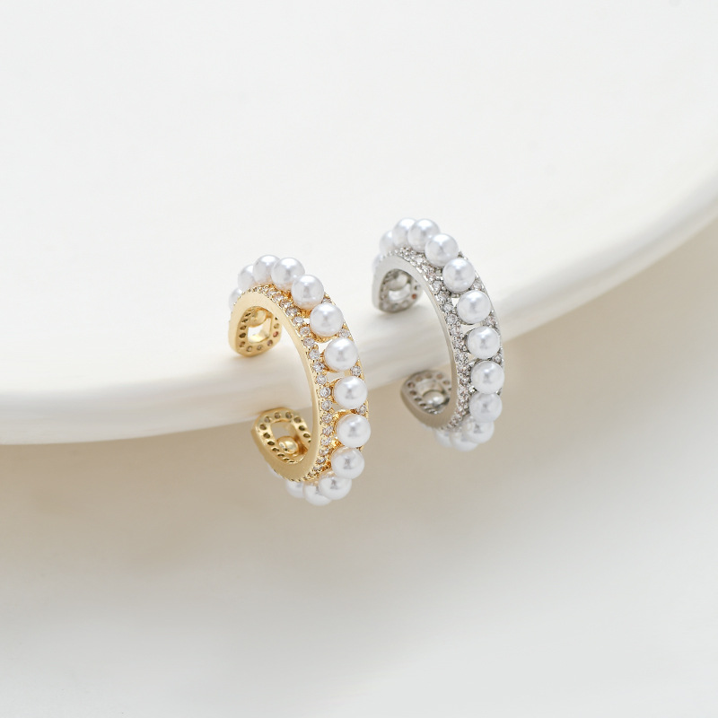 秋冬新款微镶锆石气质无耳洞耳环女小众设计感几何C形珍珠耳骨夹详情5