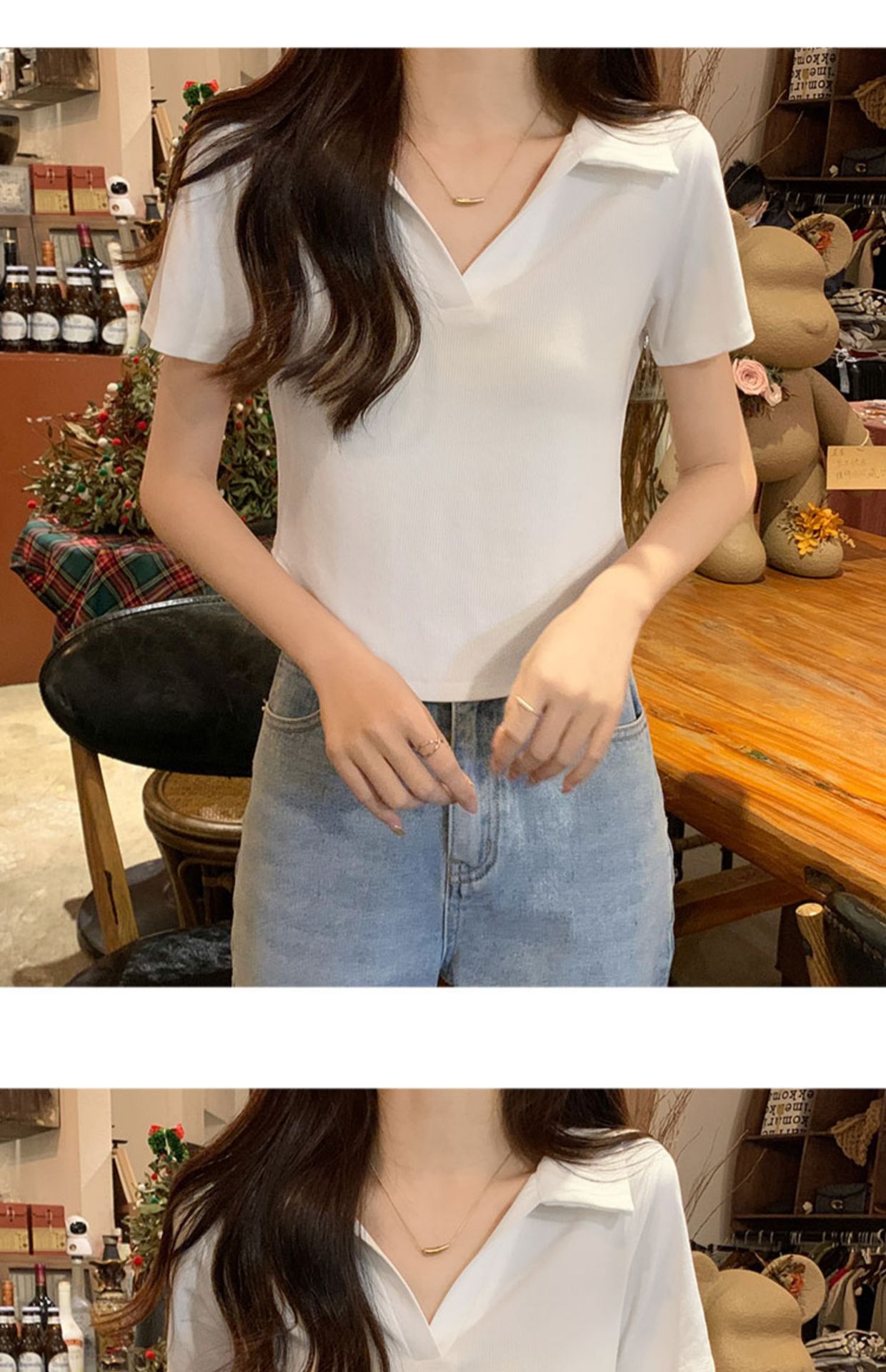 Irregular Polo collar short-sleeved shoulder T-shirt for women, with a unique and pure design sense, tight-fitting innerwear and base layer top pic 19