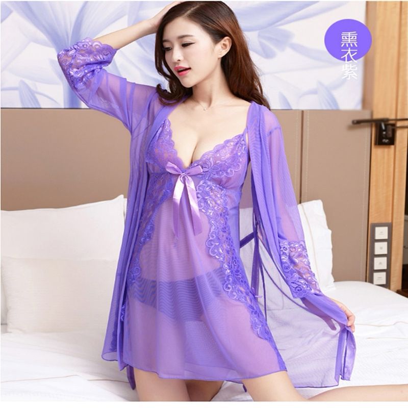 情趣内衣蕾丝网纱吊带睡裙V领透视下开叉吊带外袍家居服三件套详情3