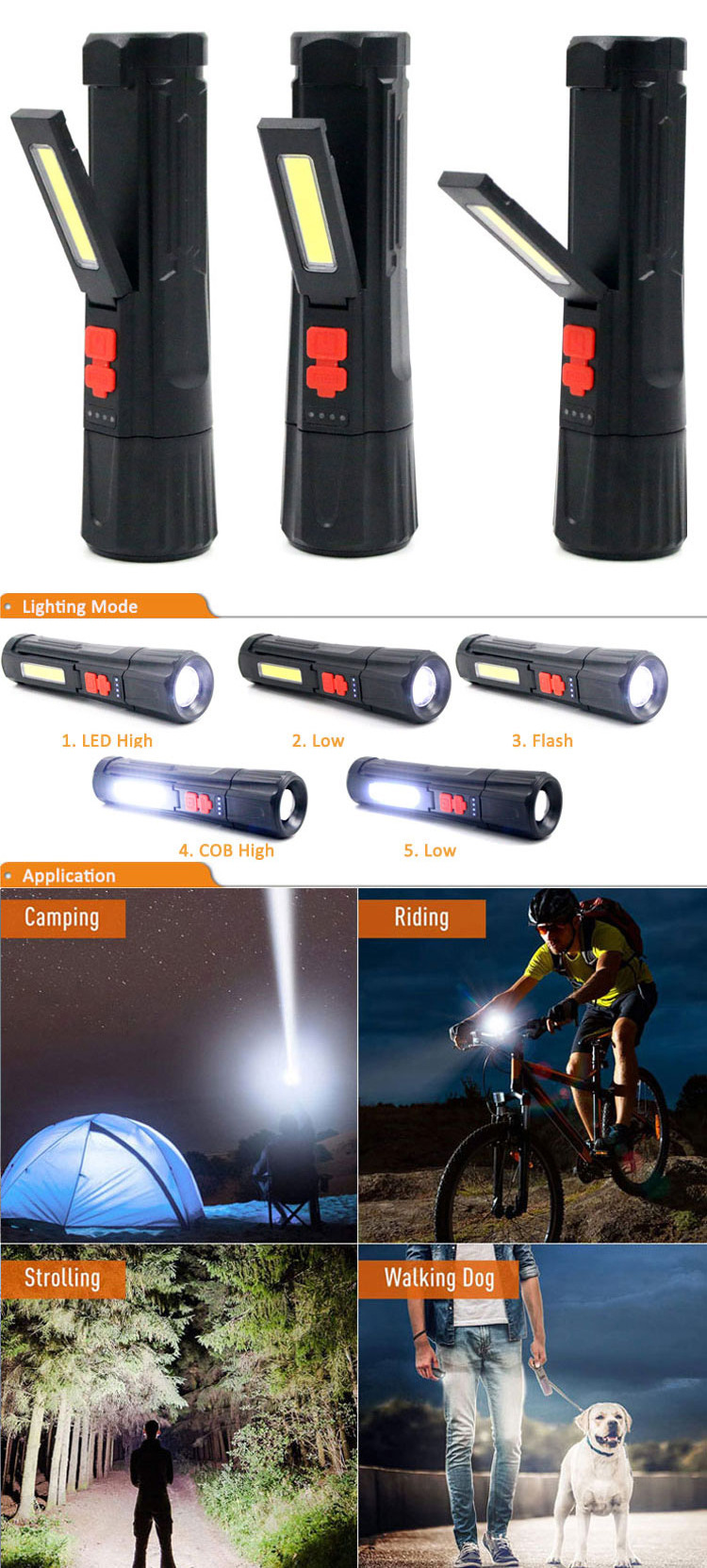 久根电筒新款强光多功能手电筒LED应急手电USB充电带侧灯变焦塑料手电筒详情3