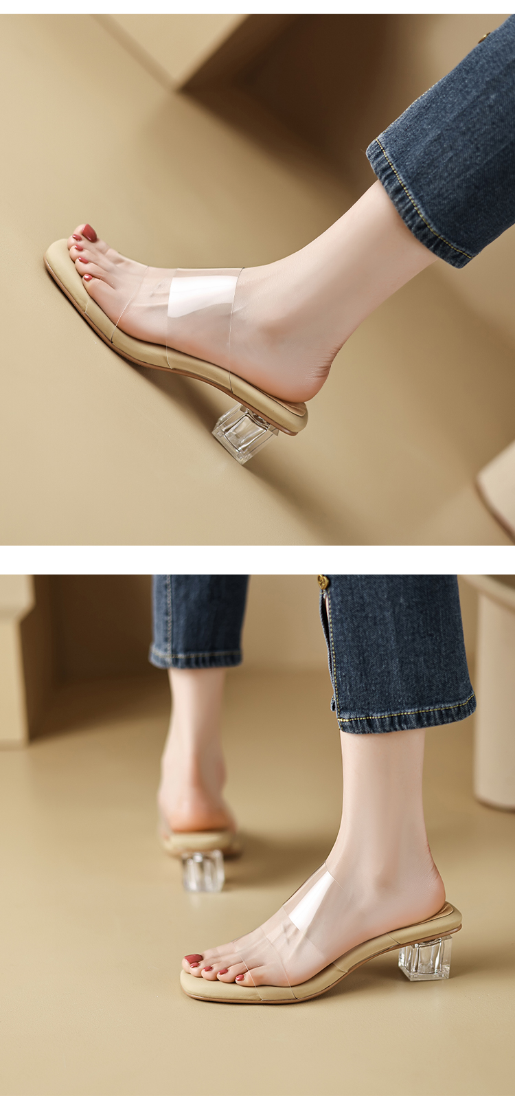 踩屎感~ 透明凉鞋女2024年夏季新款高跟鞋粗跟露趾水晶跟凉拖外穿详情11