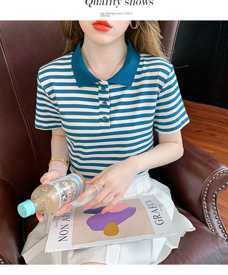 Verano coreano versión rayas mujer commuter patchwork color polo cuello manga corta camiseta mujer diseño sentido moda legging pic 15