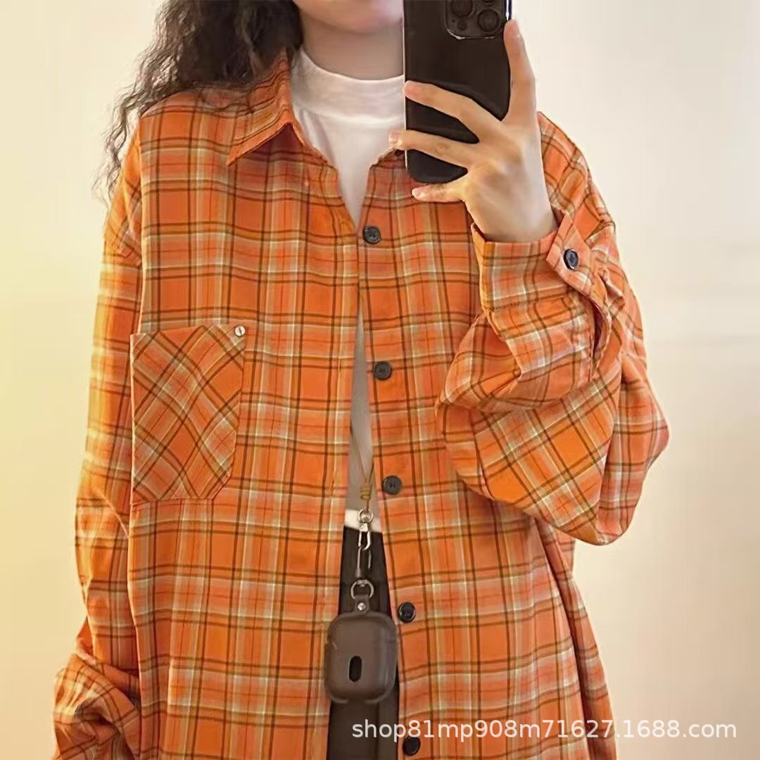 橘色格子衬衫女2025年春夏新款韩版宽松衬衣慵懒长袖防晒上衣外套详情6