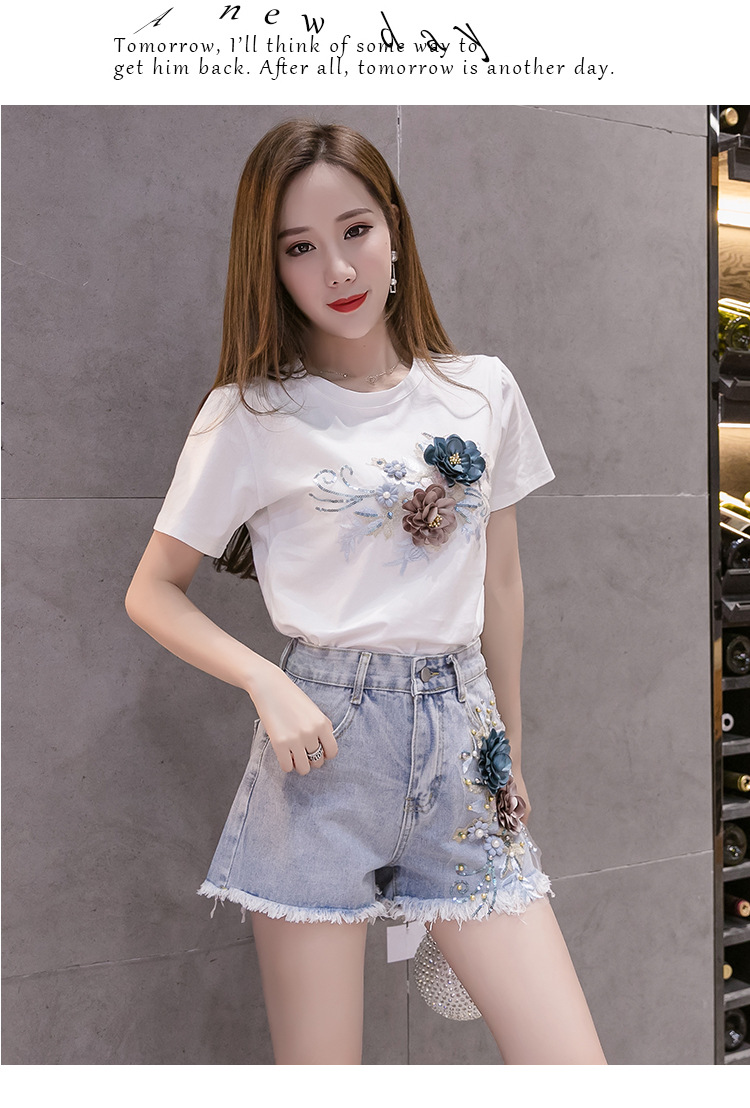 2022新款女装立体刺绣花朵夏季牛仔短裤女+立体花套头短袖t恤女式详情14
