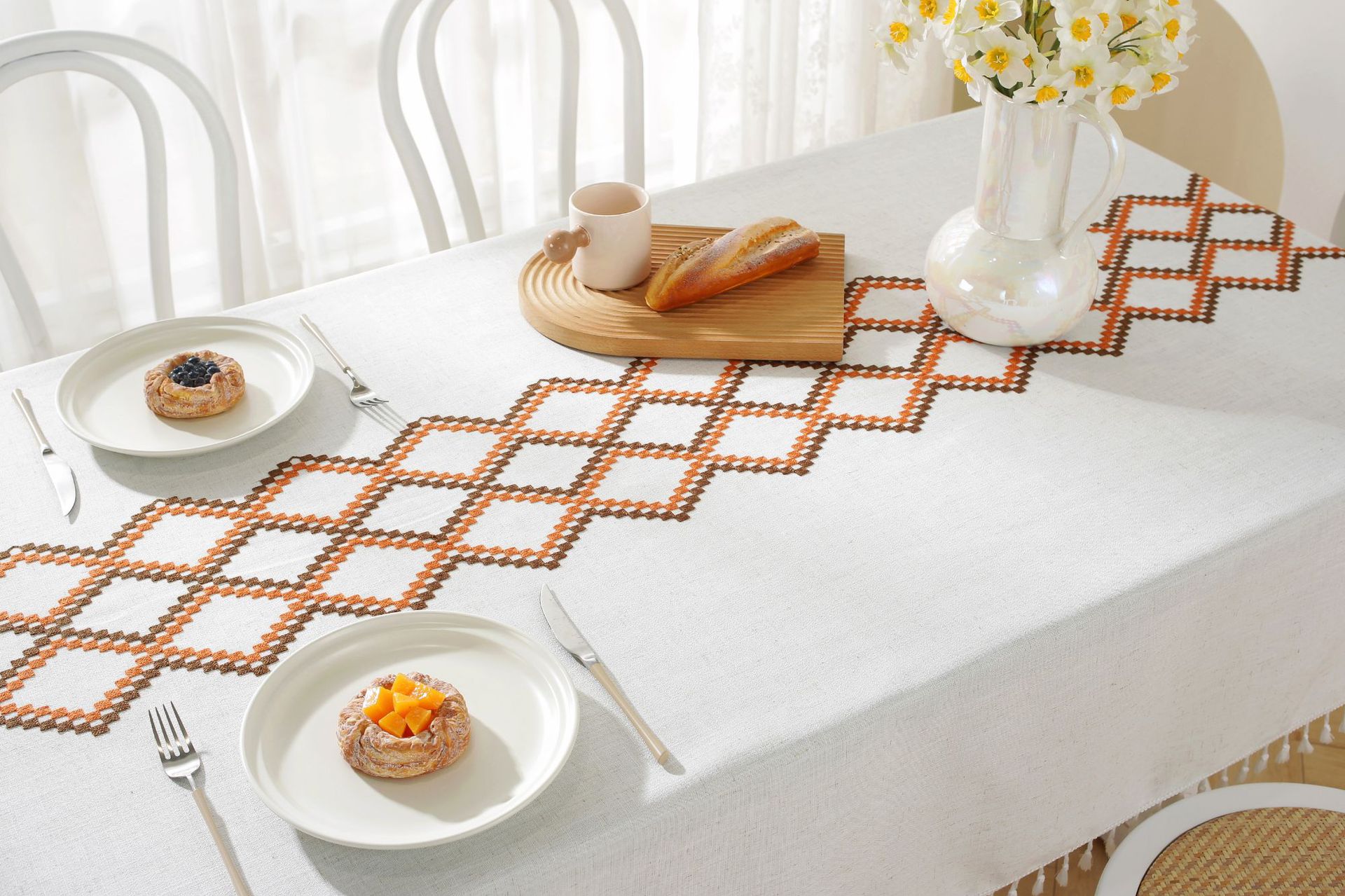 New linen embroidered cross tablecloth, solid color tablecloth, coffee table pad, cotton and linen decorative table, ins style bestseller, rectangular pic 1