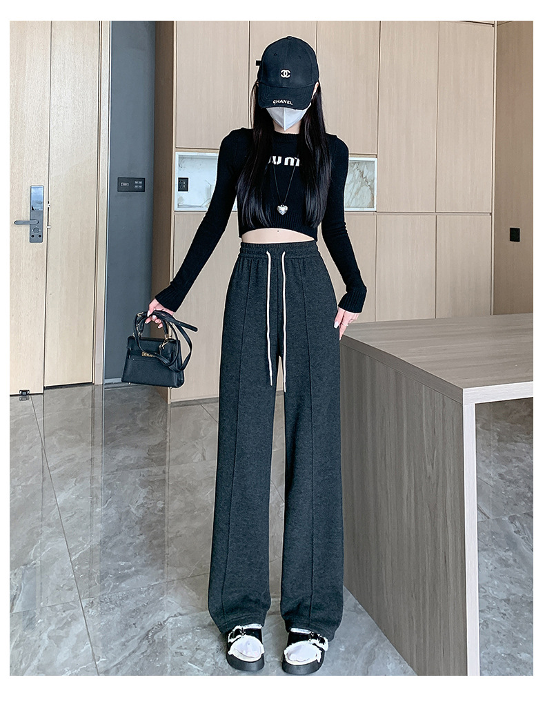 灰色直筒裤女秋冬裤子2024新款人字纹毛呢裤长裤羊羔绒窄版阔腿裤详情28