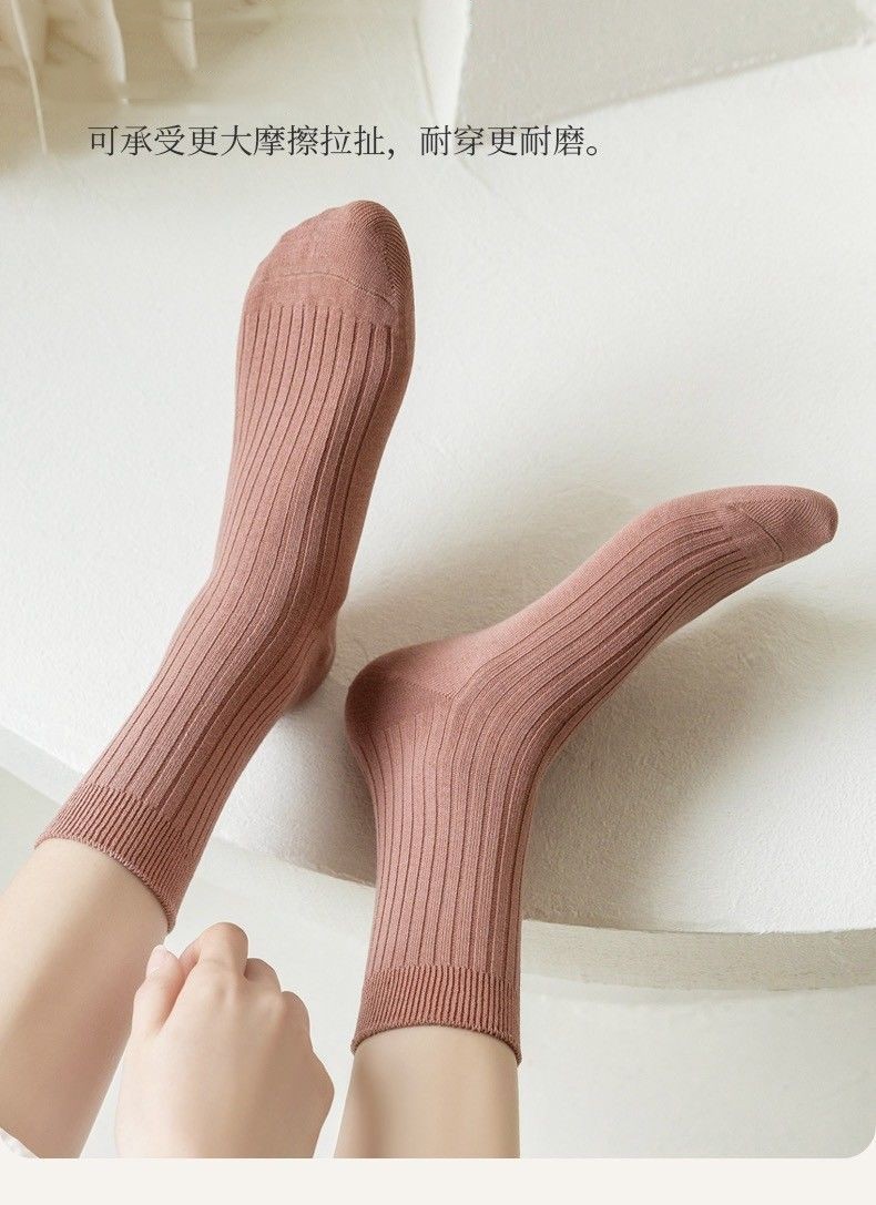 Nuevo estilo mujer doble aguja calcetines color sólido tira fina casual media tubo calcetines mujeres engrosado cálido otoño invierno 100% algodón calcetines al por mayor pic 11