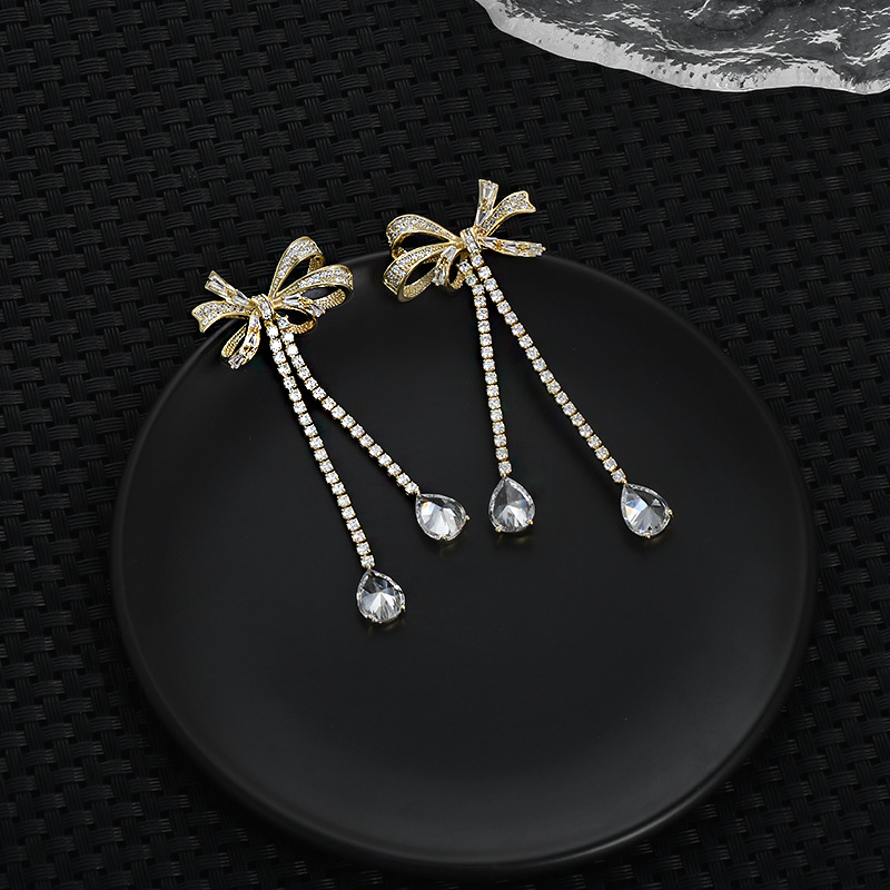 重工微镶锆石气质耳环女S925银针高级感蝴蝶结耳饰欧美风流苏耳钉详情7