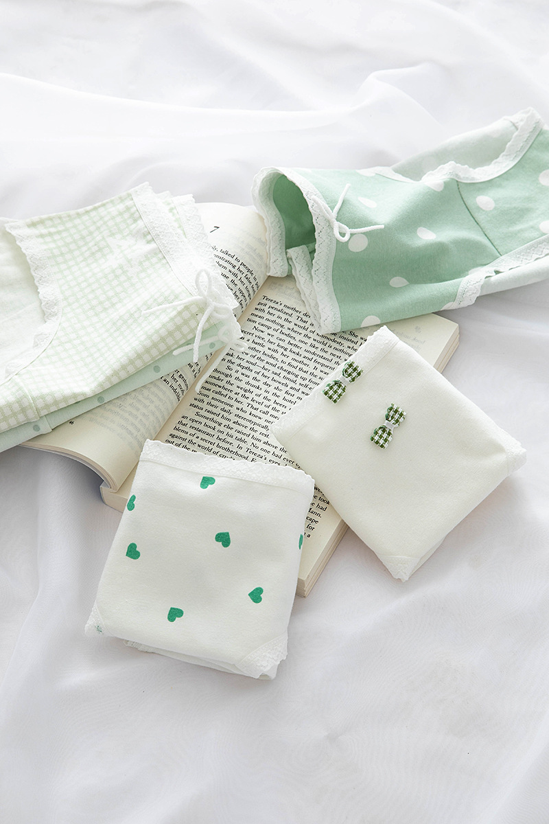 Japanese-style fresh and light polka dot print milkshake green girl underwear for women, pure cotton crotch mid-waist student briefs pic 44
