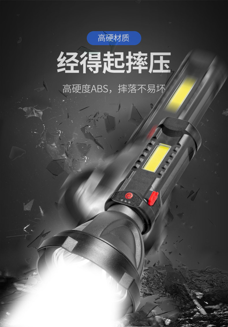 新款LED手电筒COB户外野营USB充电带侧灯电显塑料聚光远射小手电 pic 14