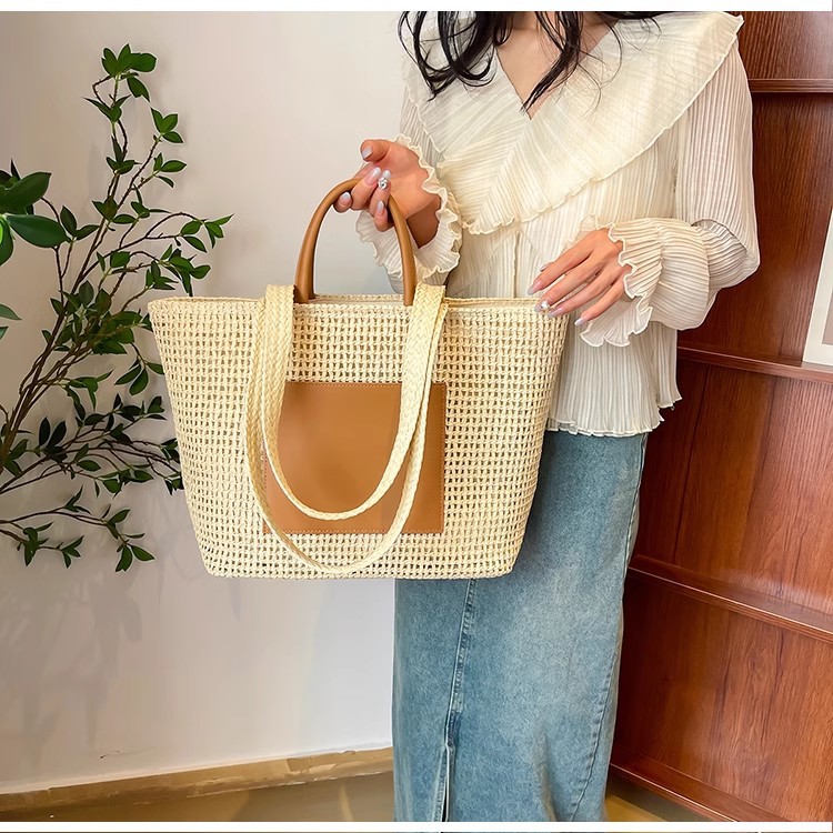 新款大容量百搭草编包女松弛感日系潮流手提单肩包度假旅行沙滩包详情9