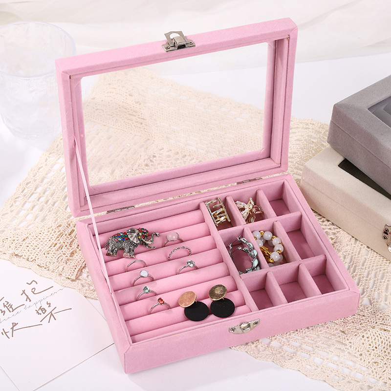 Fashionable, simple, large-capacity, portable, multi-compartment suede exquisite jewelry box, earrings, necklace and ring storage box pic 6