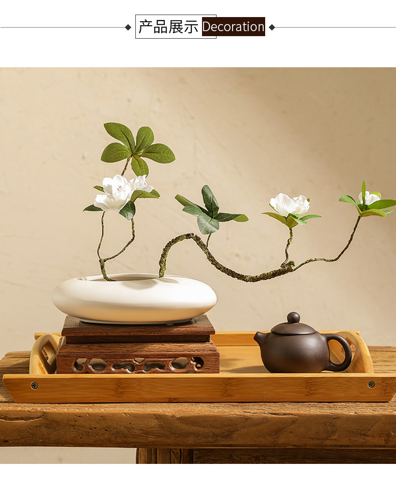 Chinese-style Zen-inspired creative ashtrays, flat-shaped oval vases, peach blossom art sets, tea room and living room soft decoration items, Ins-style home furnishings pic 5