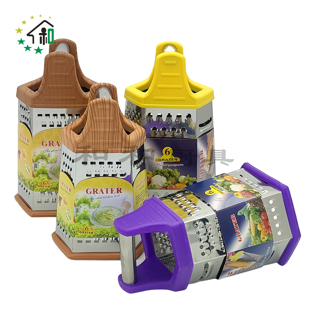 Wholesale kitchen two-color six-sided vegetable grater, household stainless steel potato grater, carrot, melon and fruit slicer pic 19