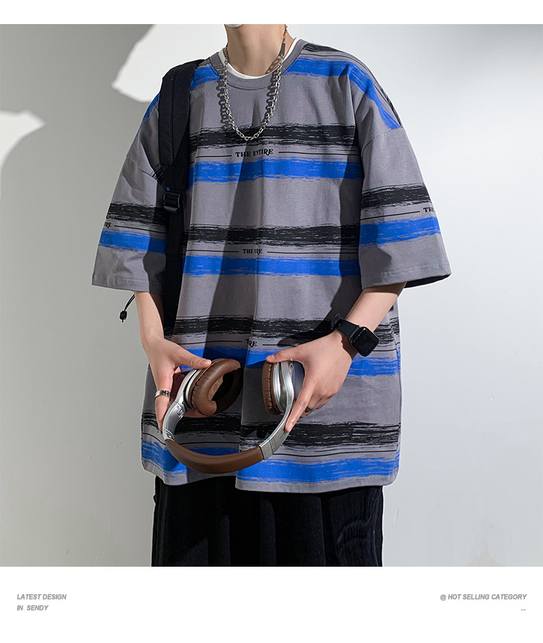 全棉条纹短袖T恤男2024港风青少年百搭宽松五分袖纯棉体恤衣服潮详情12