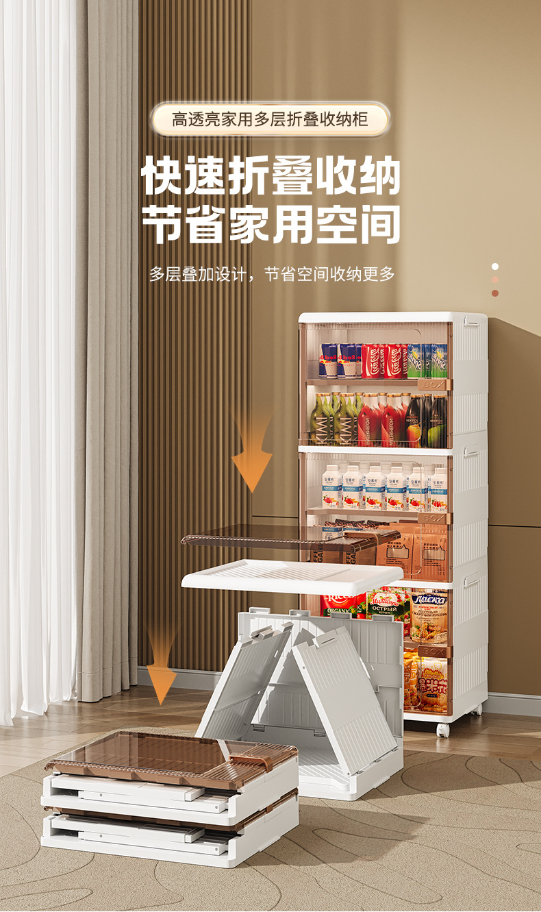 超大号客厅零食饮料收纳箱带轮可移动储物柜侧开门透明折叠收纳柜0414详情3