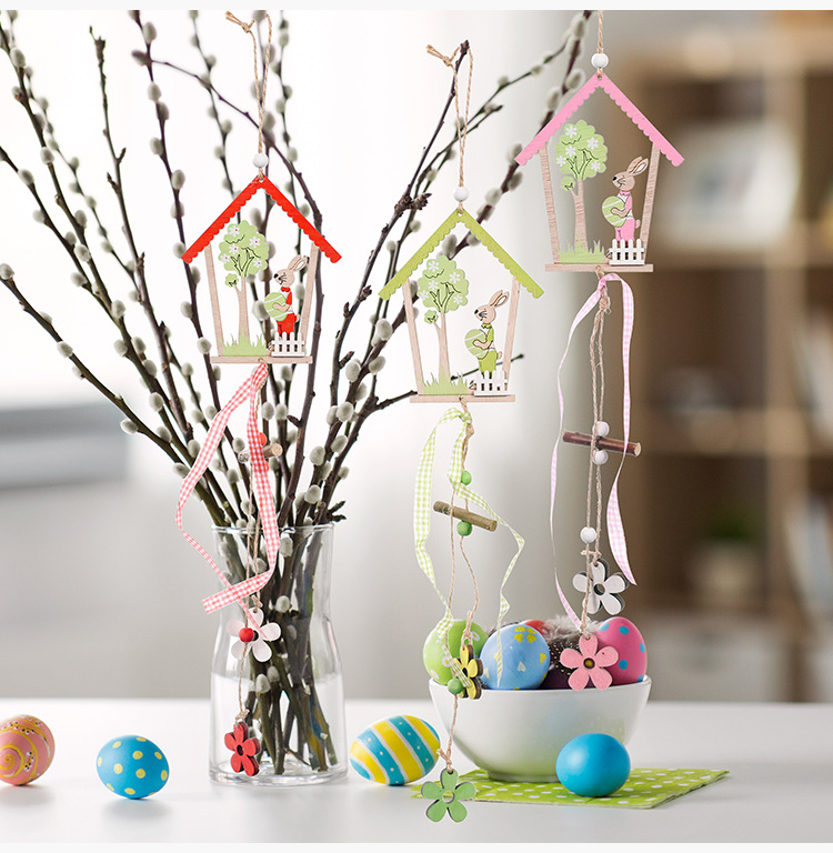 New cross-border Easter decorative items: Earrings, Easter egg house, egg-shaped rabbit wooden pendant, egg-shaped wooden house pendant, exquisite and durable pic 7