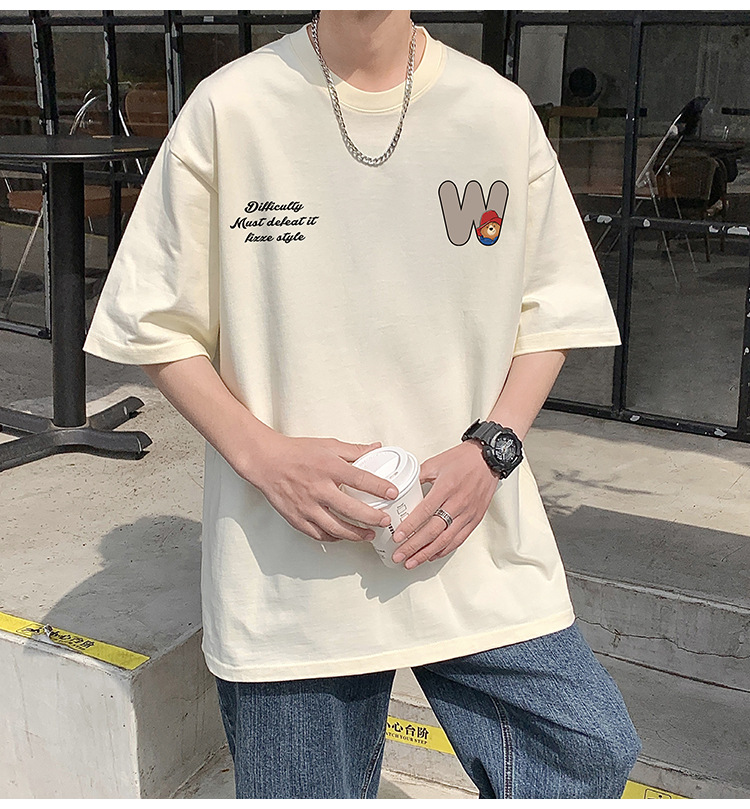 Camiseta de manga corta de estilo americano de algodón pesado hombre verano 2024 nuevo oso estampado estado de moda puerto estilo chico camiseta pic 23