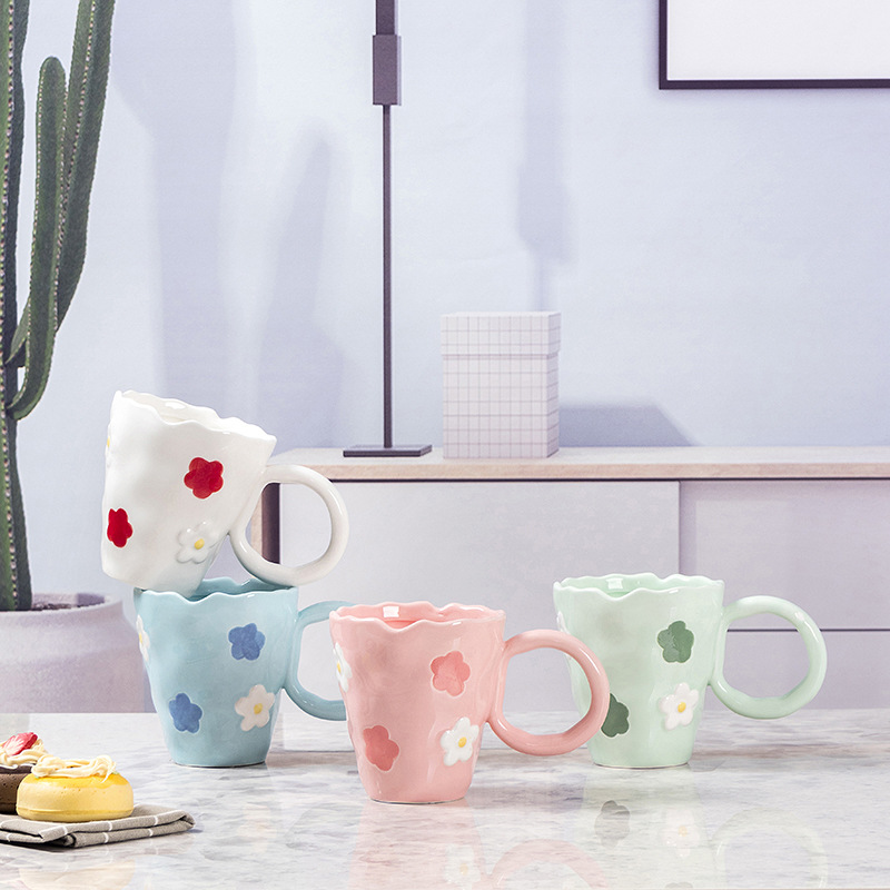 Internet-famous ceramic cups, girlish flower mugs, high appearance level drinking cups, breakfast cups, irregular water cups pic 7
