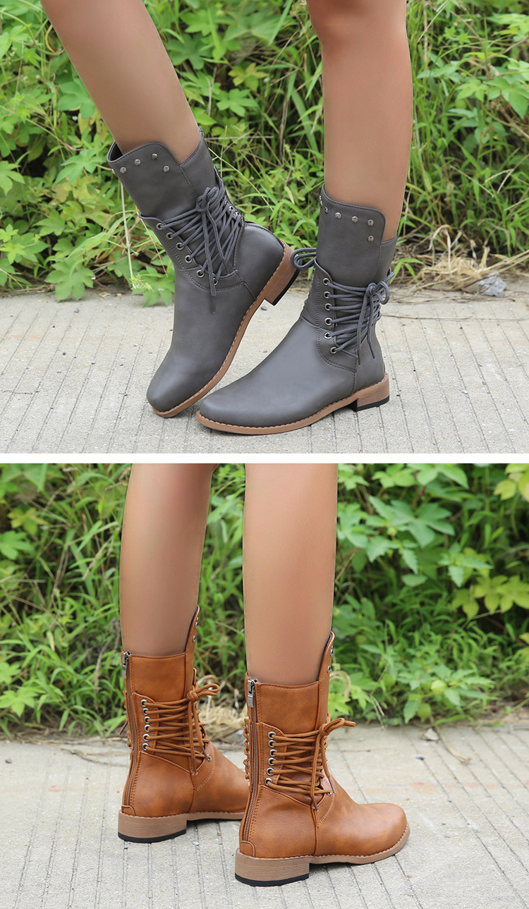 跨境外贸中筒靴女秋冬新款欧美柳钉低跟骑士靴纯色后拉链女式皮靴详情13