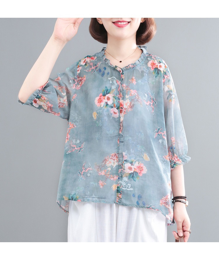 2023春夏新款韩版时尚气质大码1减龄印花复古洋气棉麻短袖T恤女装详情7