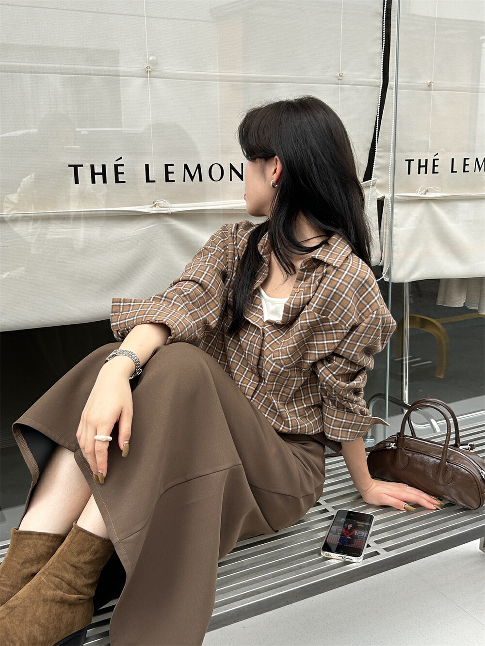 THE LEMON柠檬绿茶设计感宽松显瘦休闲ins假两件格纹衬衫女秋季详情6
