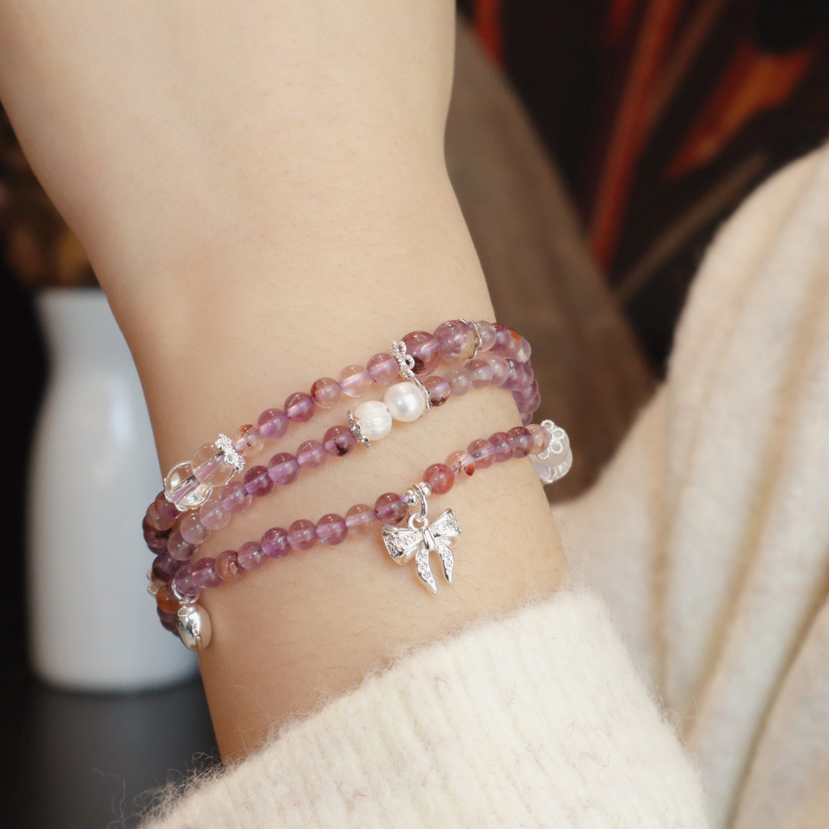 天然紫水晶手链紫幽灵三圈高级感设计黄水晶手串塔晶饰品详情13