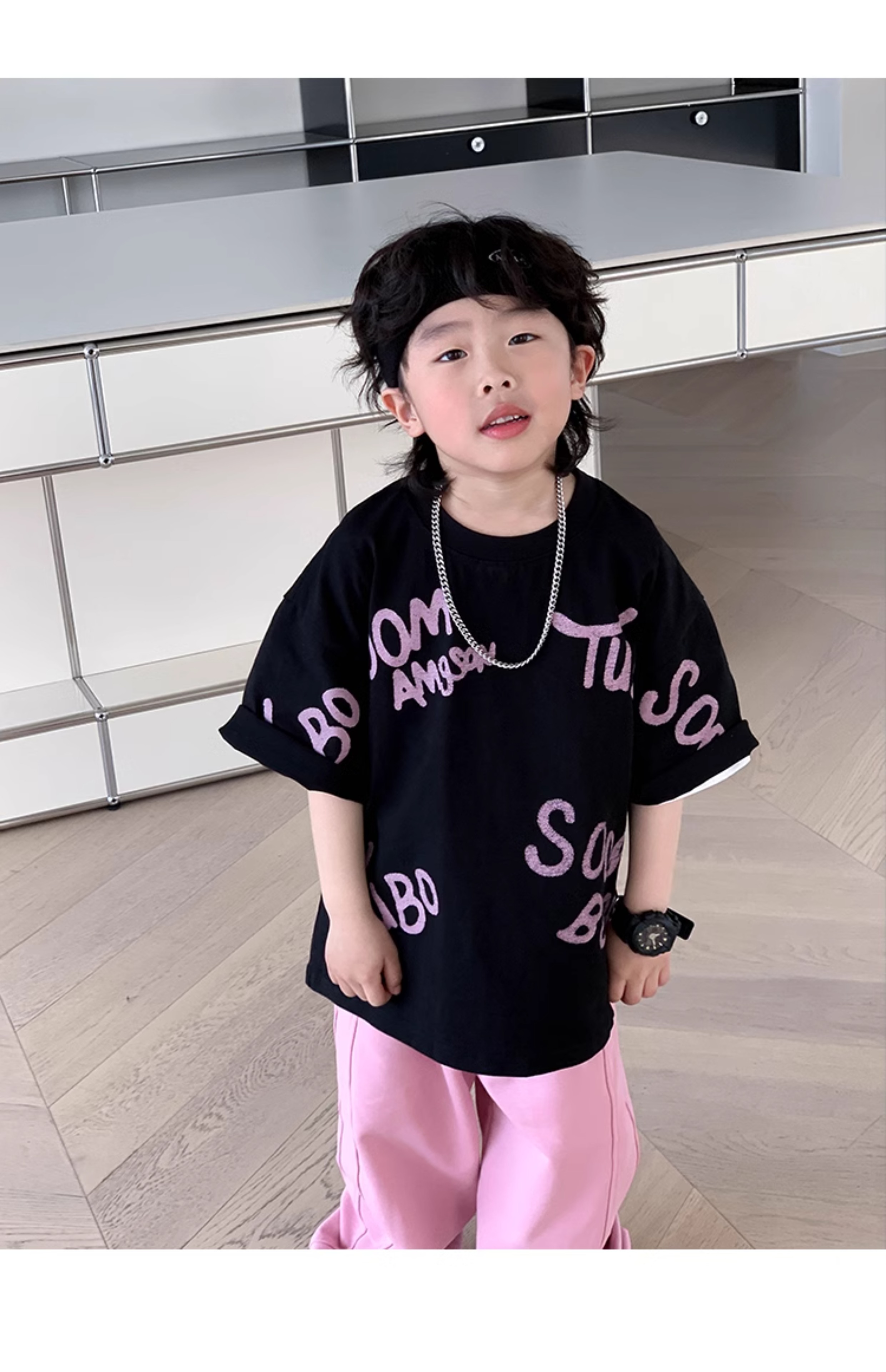 小小郑童装儿童夏装中大童痞帅棉粉黑字母男童短袖t恤2024新款详情14