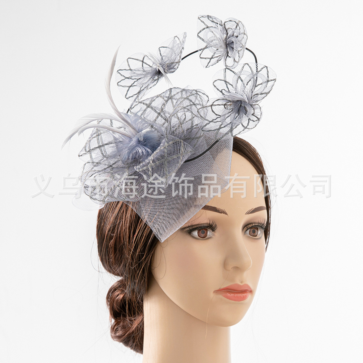 New forest-themed creative silver feather mesh flower headwear, European and American fashionable hair clips, any style bridal hair accessory pic 1