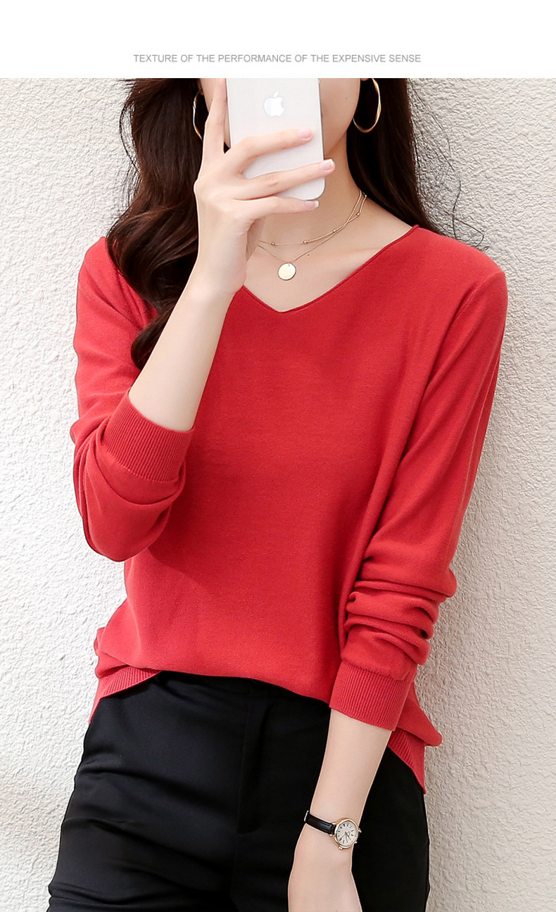 2023秋季女装全纯色棉麻针织T恤女V领长袖文艺大码外贸厂家批代发详情9