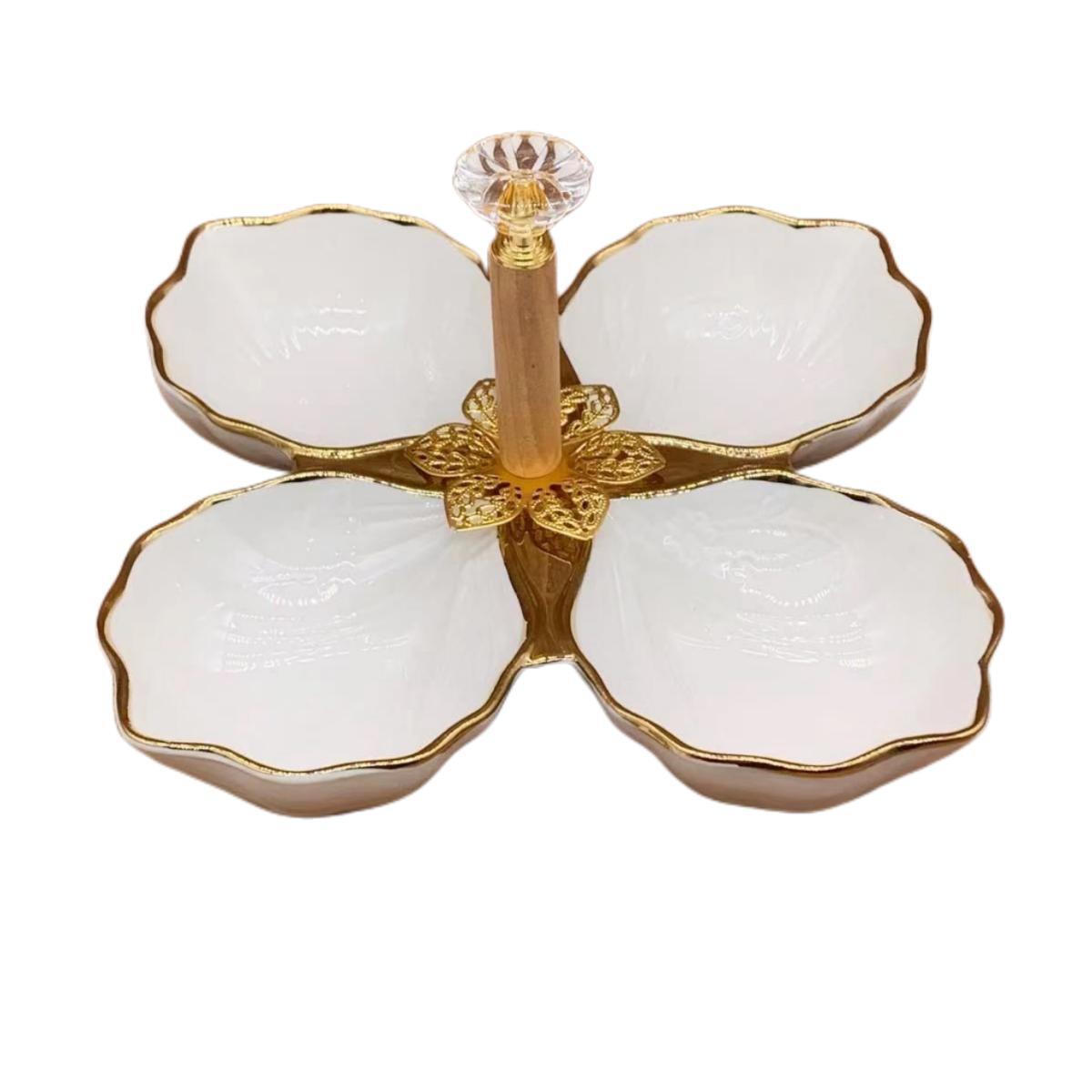 A pure white petal-shaped fruit platter with electroplated gold and multiple compartments, a hand-held restaurant banquet food platter pic 4
