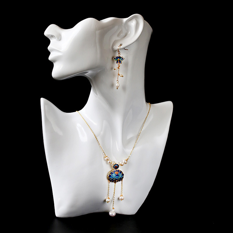 Original Chinese-style cloisonne set, lotus cloisonne natural freshwater pearl earrings, copper-plated 14K gold earrings for women pic 11