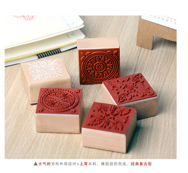 经典复古方形木质复古花纹印章 蕾丝系列唯美手账印章详情2