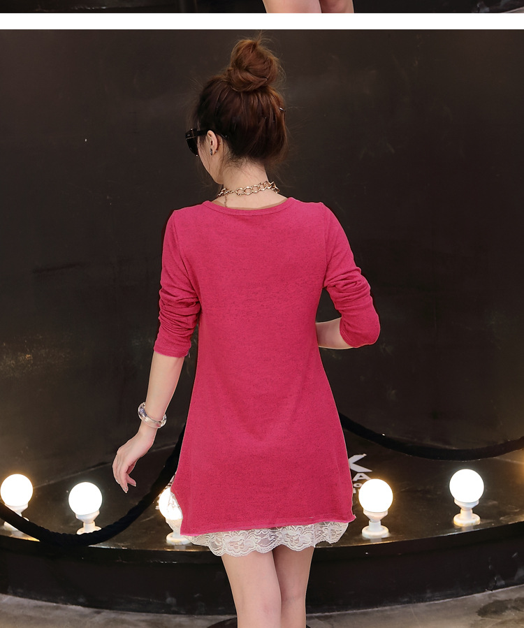 Autumn large-sized solid color T-shirt for pregnant women with lace trim, mid-length loose base layer pic 13